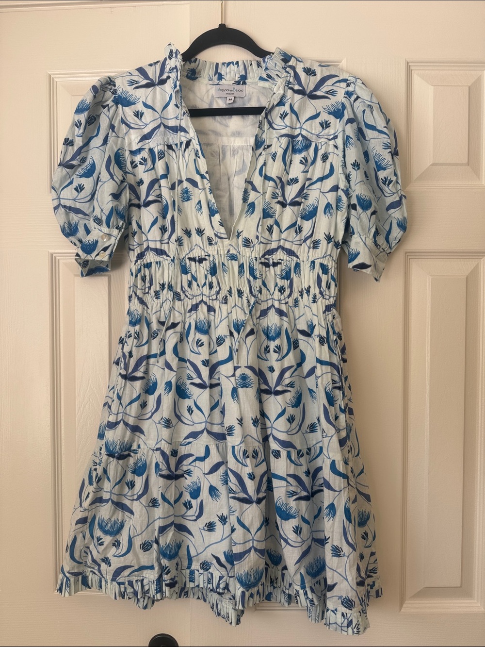 Monsoon and Beyond White and Blue Floral Puff-Sleeve Mini Dress